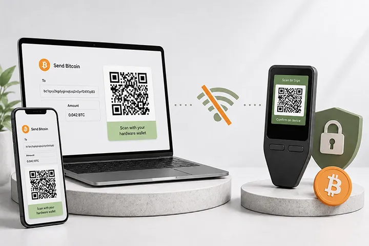 Illustration of an air-gapped hardware wallet signing workflow.