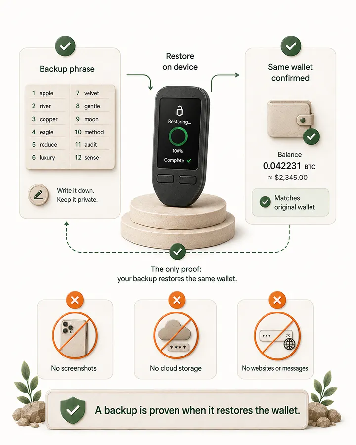 Illustration showing a backup phrase, restore-on-device step, and same-wallet confirmation, with warnings not to store or type the recovery phrase digitally.