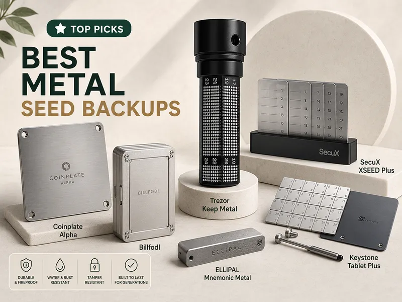 Metal seed phrase backup comparison thumbnail showing several durable backup formats.