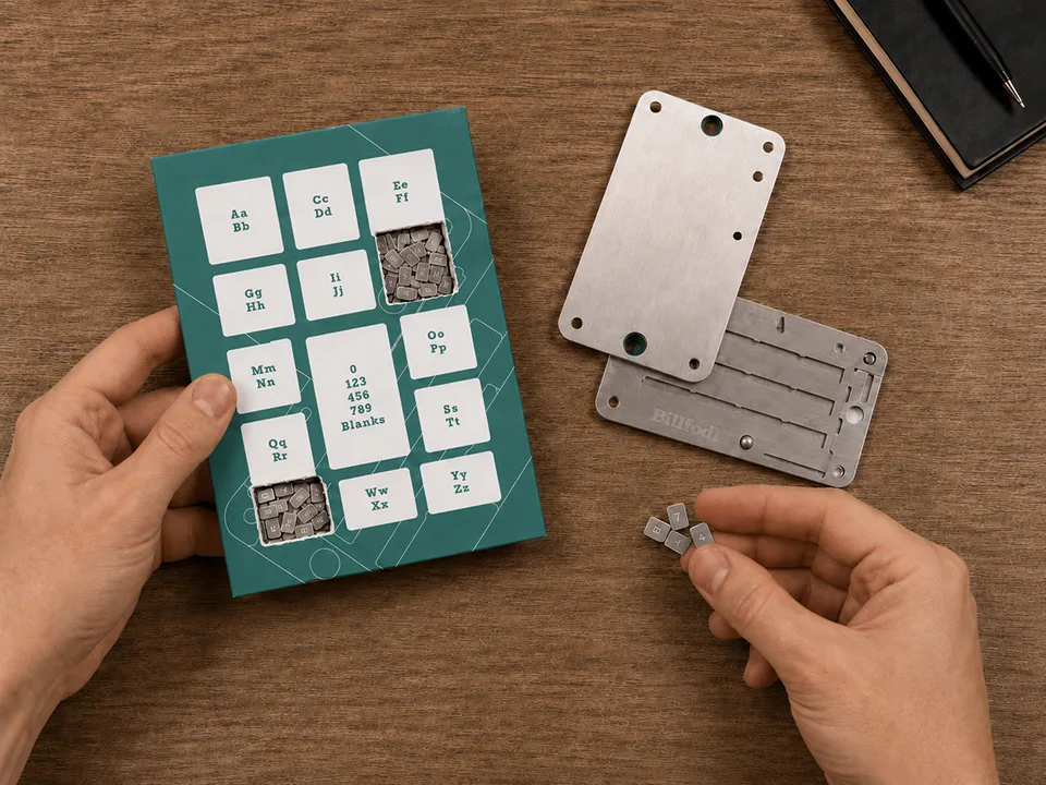 Hands arranging Billfodl engraved letter tiles beside the open stainless-steel cassette using sample recovery data