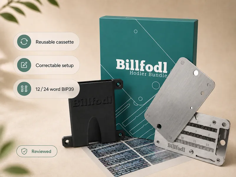 Premium editorial thumbnail of the Billfodl metal seed phrase backup device.