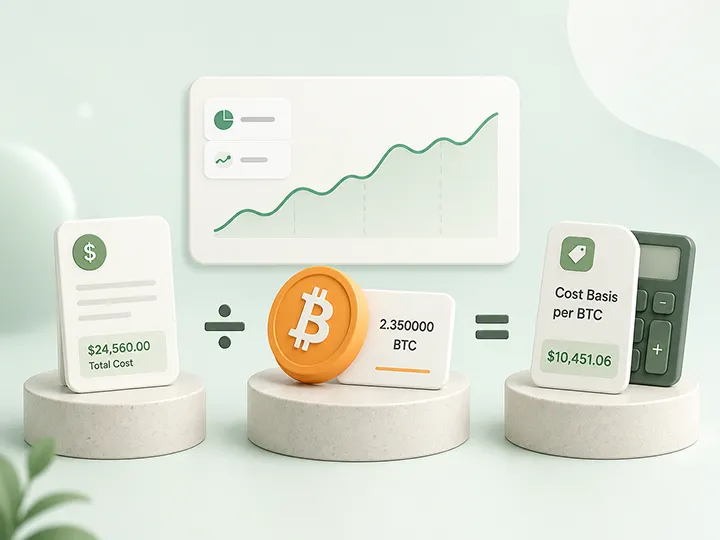 Bitcoin cost-basis recordkeeping concept with acquisition records, wallet history, labels, and notes.