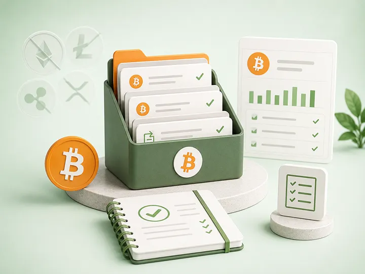 Bitcoin-only recordkeeping concept showing holder records, wallet context, transaction IDs, and notes.