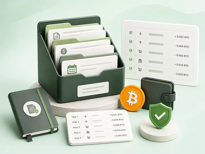 Bitcoin tax records and source-data control concept.