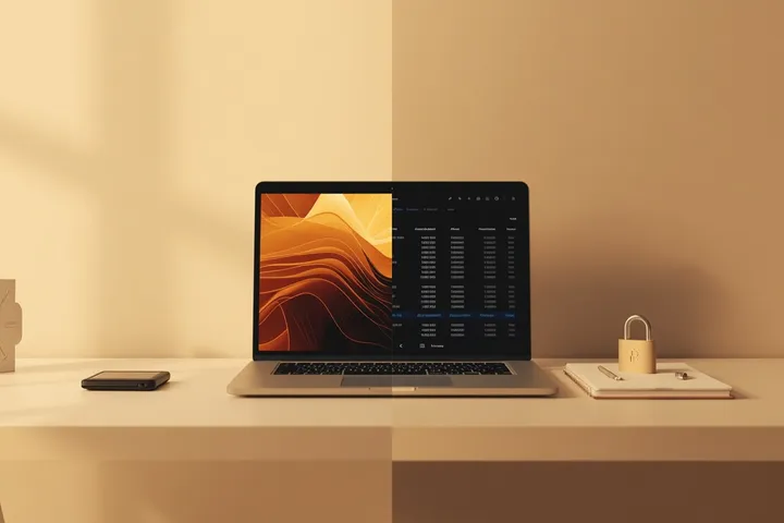 Desk scene comparing exchange custody with self-custody using a laptop and lock.