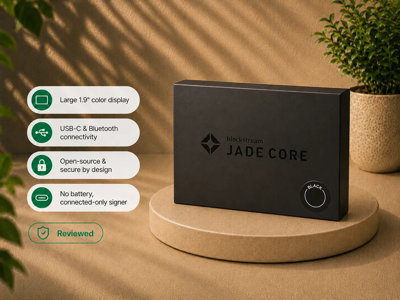 Blockstream Jade Core retail box with large-display, connectivity, open-source, and backup feature callouts