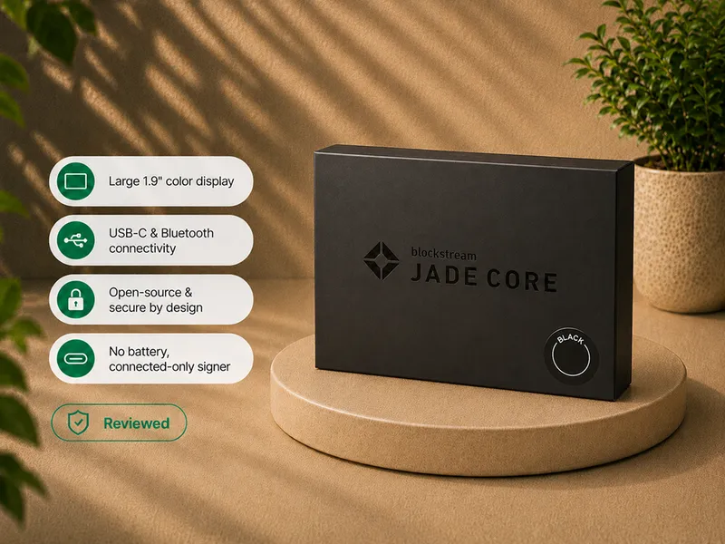 Blockstream Jade Core retail box with large-display, connectivity, open-source, and backup feature callouts.