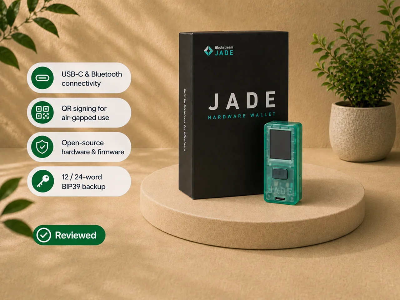 Blockstream Jade hardware wallet used for the Bitcoin Plaster hands-on review