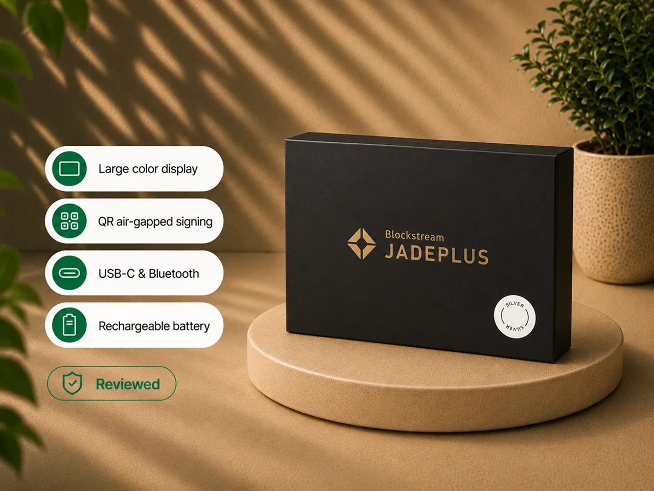 Blockstream Jade Plus retail packaging with key feature callouts.