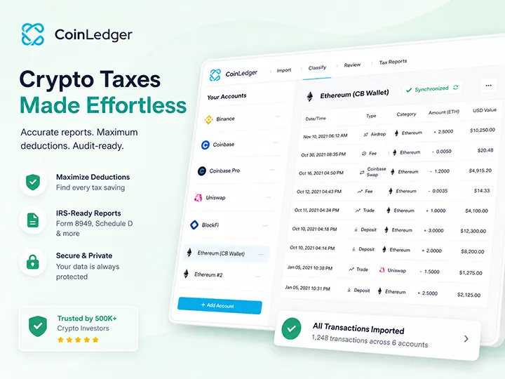 CoinLedger review overview: transaction import and tax report preparation workflow.