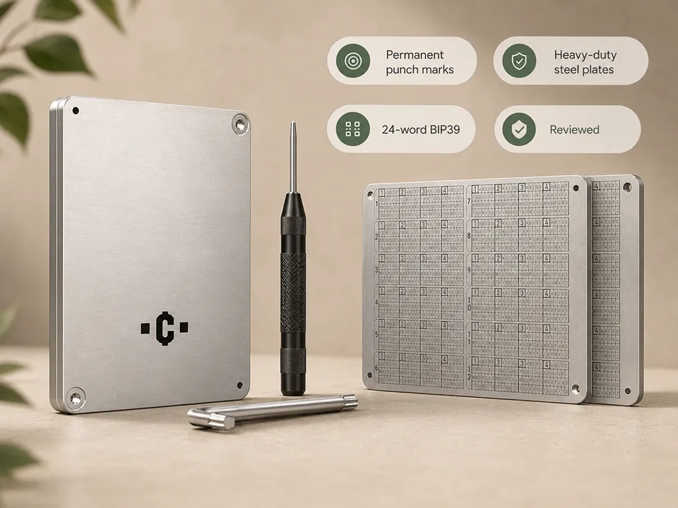 Coinplate Alpha stainless-steel seed backup plates with the automatic center-punch setup tool