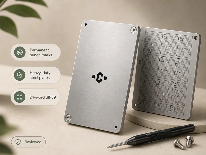 Coinplate Alpha review thumbnail showing a heavy-duty metal seed backup plate.