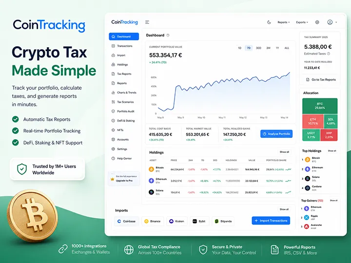 CoinTracking review overview: portfolio dashboard, transaction imports, and tax report preparation.