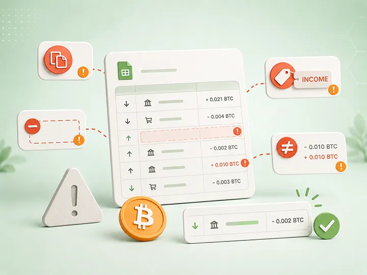 Bitcoin record-quality concept showing recordkeeping mistakes, exchange history, wallet movement, labels, and notes.
