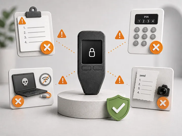 Thumbnail showing common hardware wallet setup mistakes.