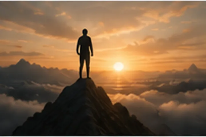 Illustration of a person standing above the clouds at sunrise, representing long-term conviction grounded in perspective.