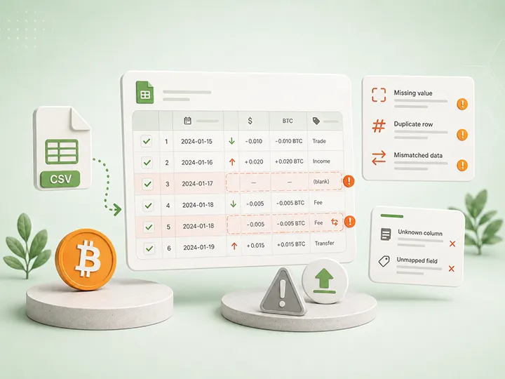 Illustration for CSV import errors in Bitcoin tax records.