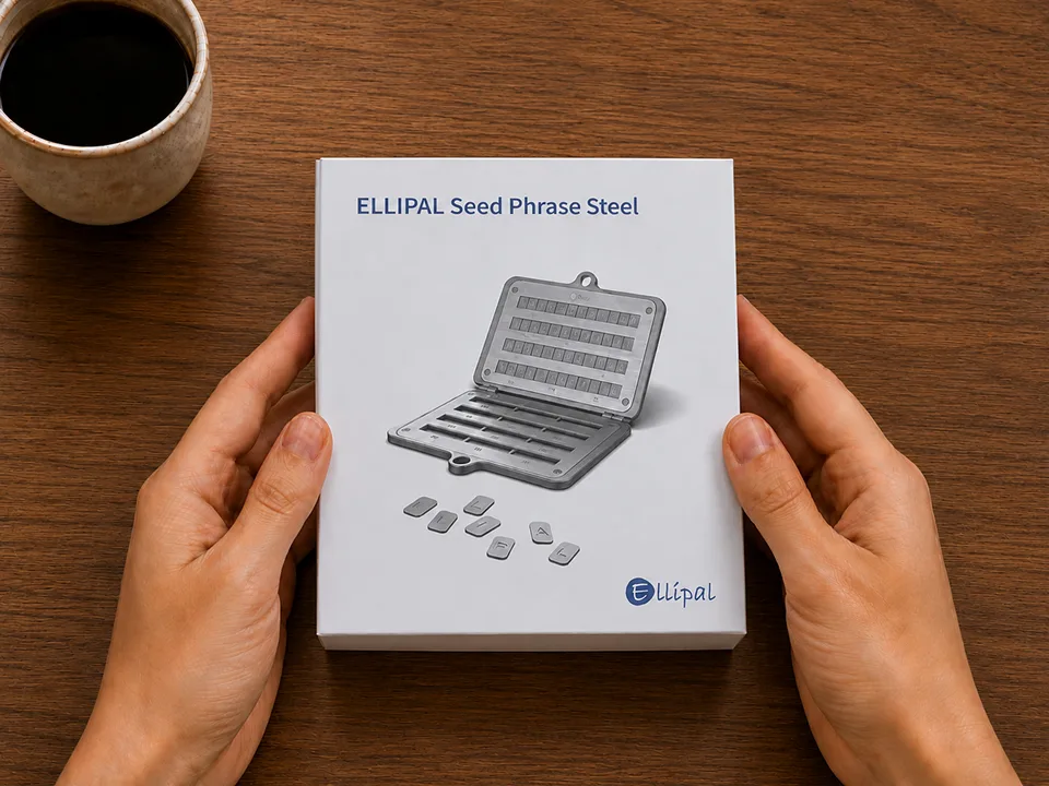 Hands presenting the ELLIPAL Seed Phrase Steel retail box on a wooden desk