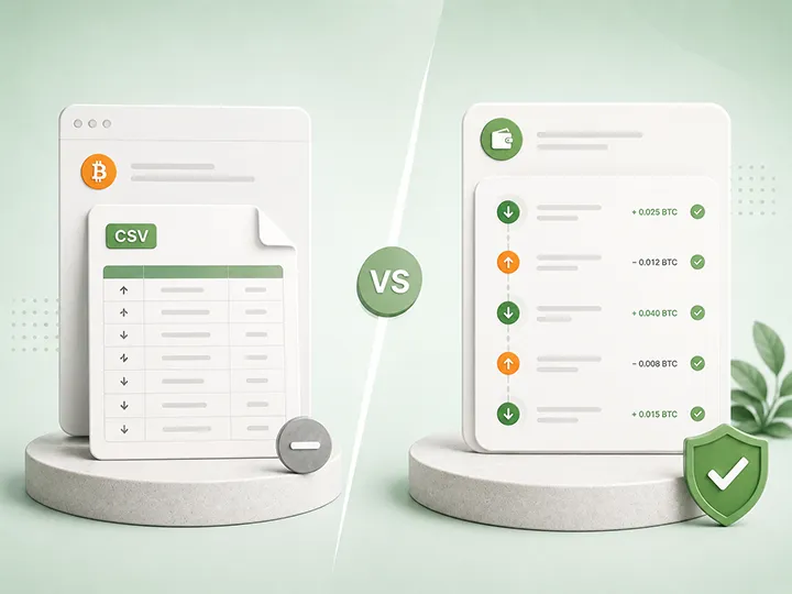 Conceptual illustration of CSV and wallet history reconciliation for tax software.