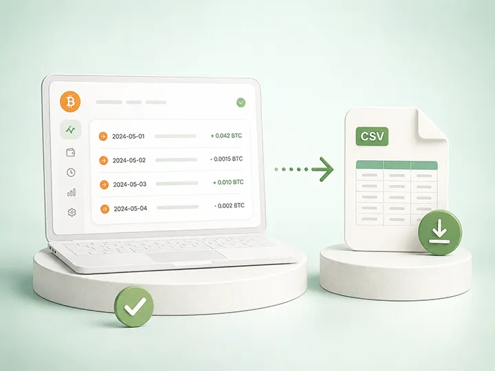 Bitcoin transaction-history export preparation concept showing exchange records, wallet history, and transaction IDs.