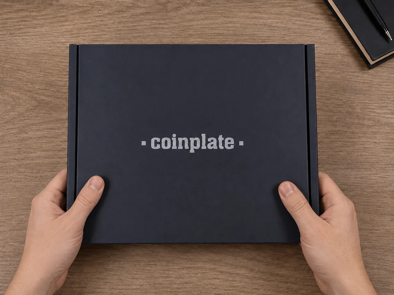 Hands presenting the closed Coinplate Alpha product box on a neutral surface