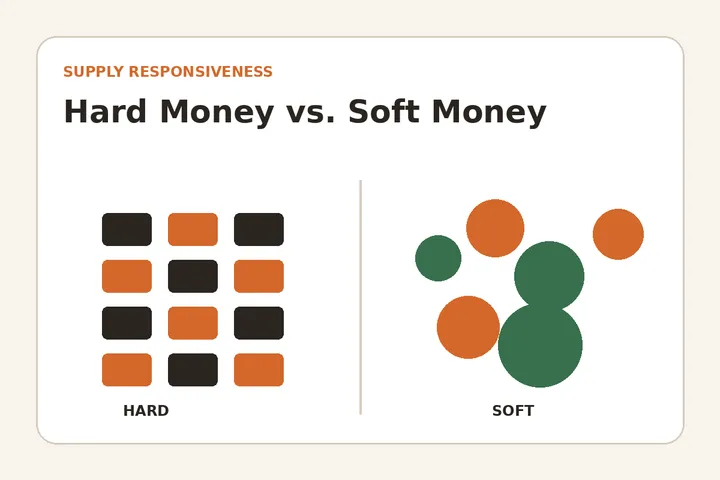 Illustration comparing constrained hard-money supply with more responsive soft-money supply.
