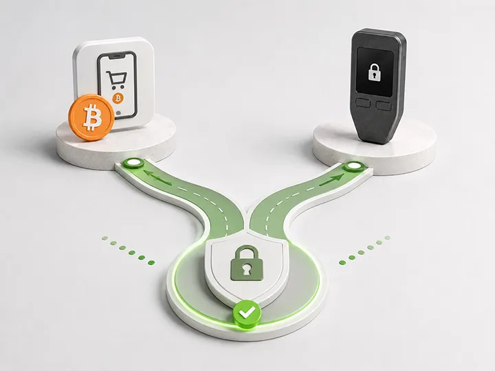 Thumbnail showing the timing decision between buying Bitcoin and setting up a hardware wallet.