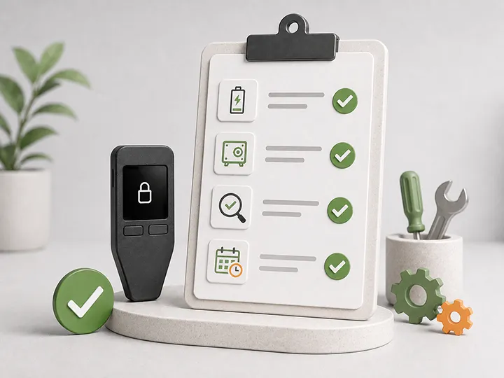 Warm editorial thumbnail of a hardware wallet maintenance checklist.
