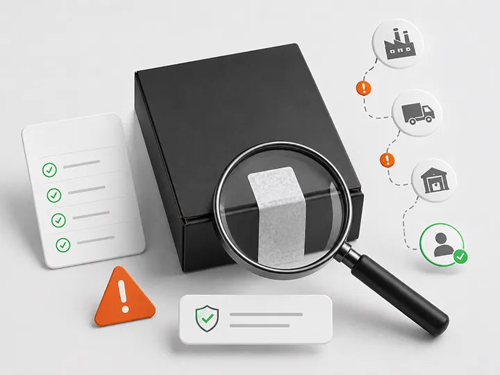 Warm editorial illustration of a hardware wallet package, supply-chain route markers, inspection, and verification cues.