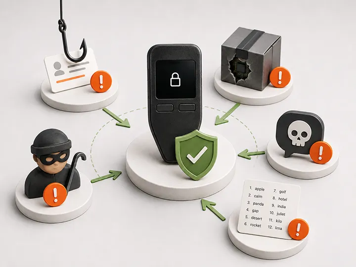 Warm editorial thumbnail of hardware wallet threat models.