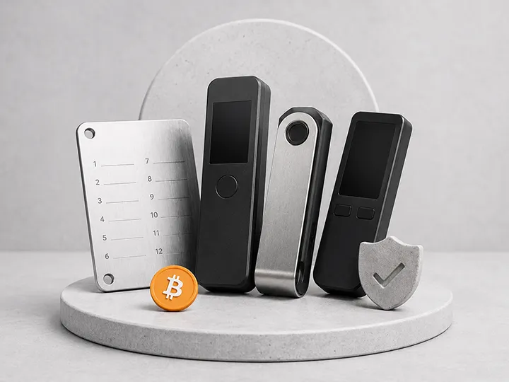 Hardware wallet overview thumbnail with Bitcoin self-custody objects.