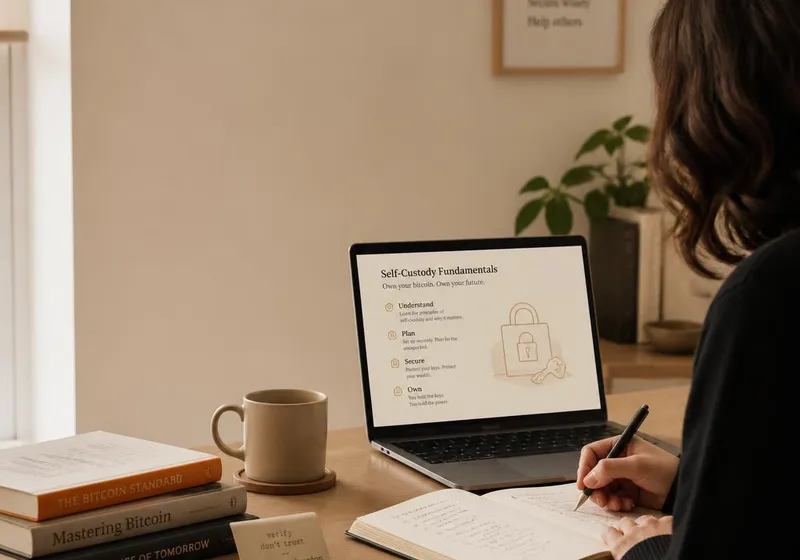 Bitcoin self-custody books, notes, and hardware wallet tools on a desk.
