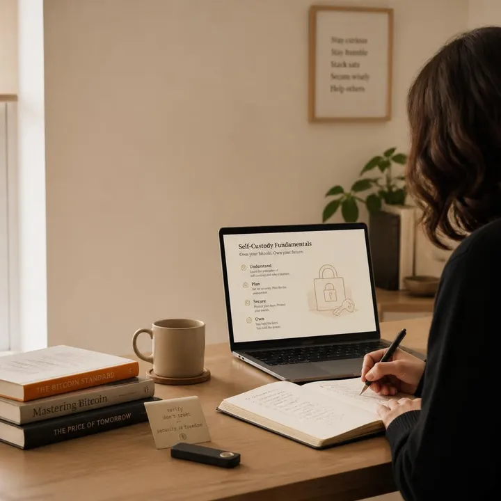A desk with Bitcoin books, a hardware wallet, a laptop, and self-custody notes.