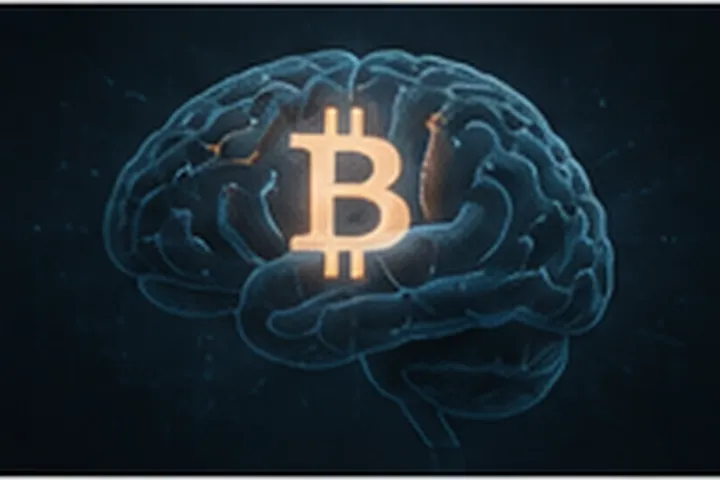 Illustration of a Bitcoin symbol inside a human brain representing holder psychology and decision-making.