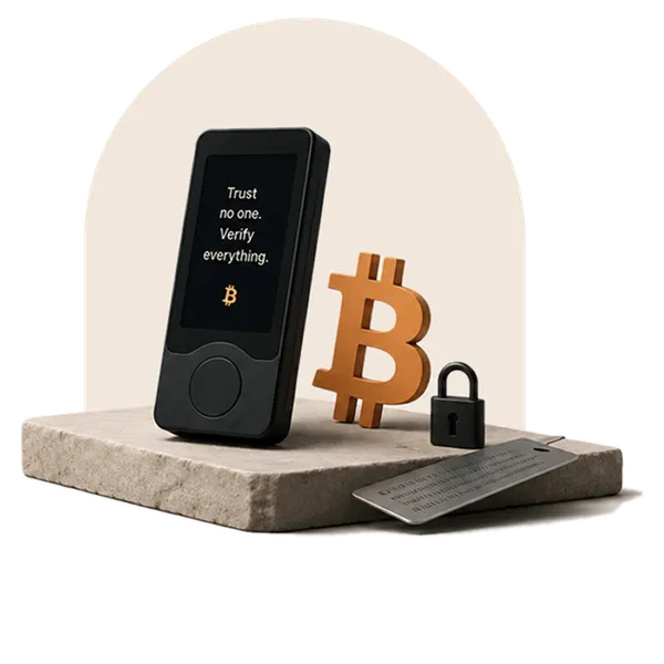 Bitcoin self-custody objects: a hardware wallet, Bitcoin symbol, lock, and metal backup plate.