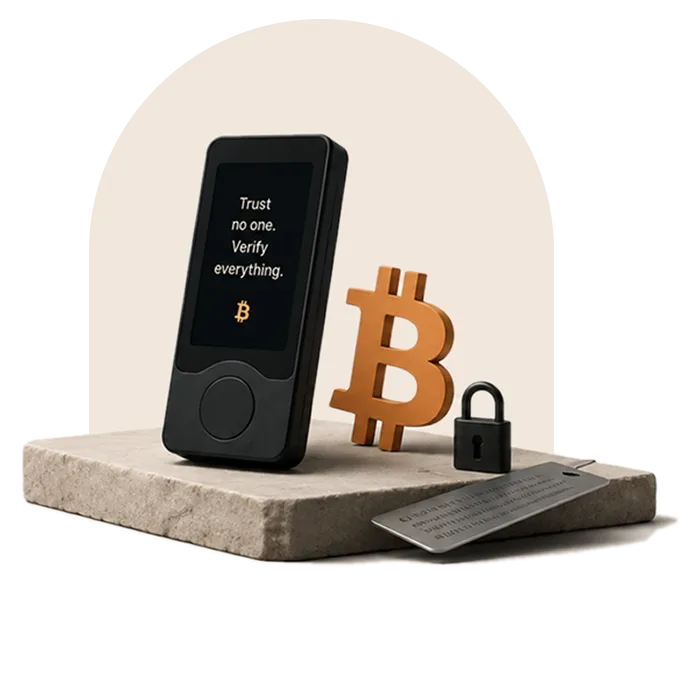 Bitcoin self-custody objects: a hardware wallet, Bitcoin symbol, lock, and metal backup plate.