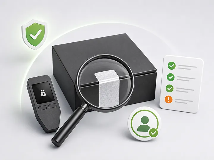 Warm editorial illustration of hardware wallet authenticity and source checks.