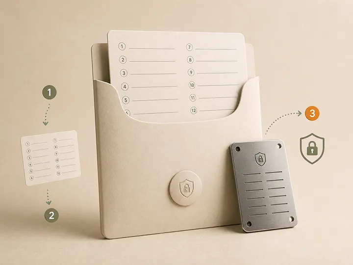 Warm editorial illustration of safe offline seed phrase storage choices.