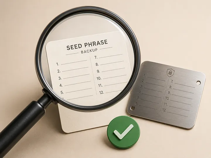 Seed phrase backup verification thumbnail showing an offline recovery check, backup record, and confirmation steps.