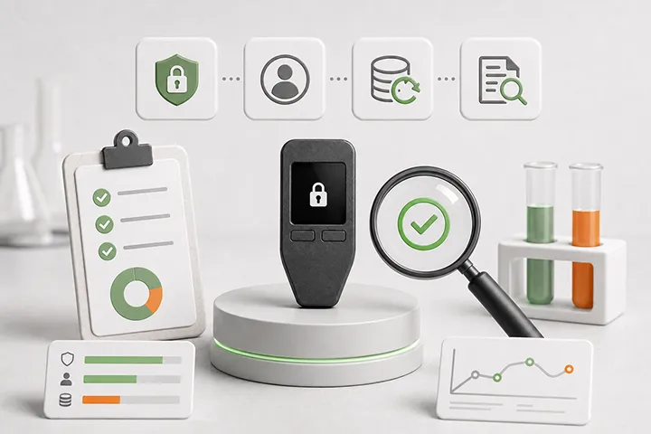 Hardware wallet evaluation illustration with verification, recovery, and evidence symbols.