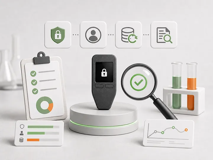Warm editorial illustration of hardware wallet evaluation methodology with checklist, magnifying glass, scales, and standards cards.