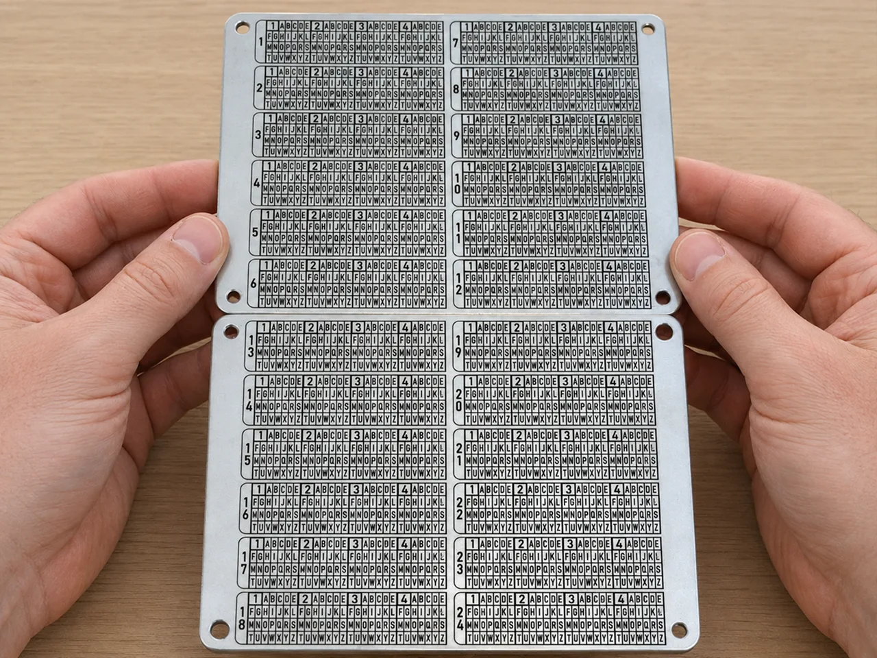 Hands holding both Coinplate Alpha stainless-steel plates with the engraved BIP39 letter grids visible