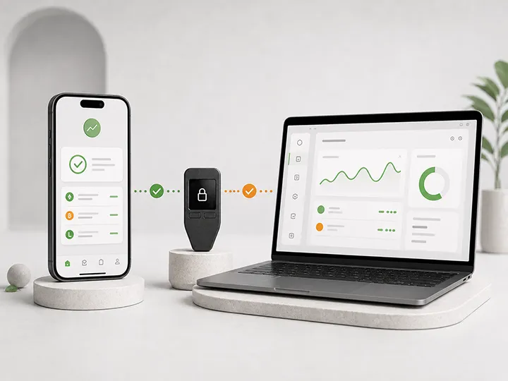 Warm editorial thumbnail comparing mobile and desktop companion apps for hardware wallets.