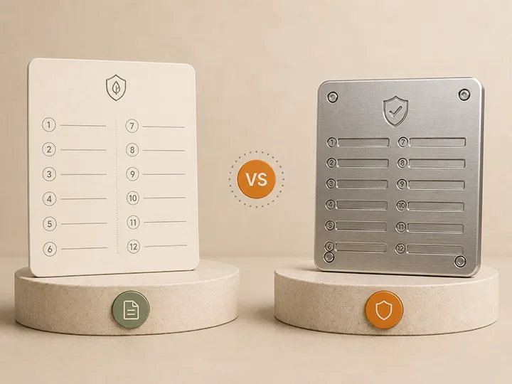Paper versus metal seed phrase backup thumbnail showing durability comparison panels.