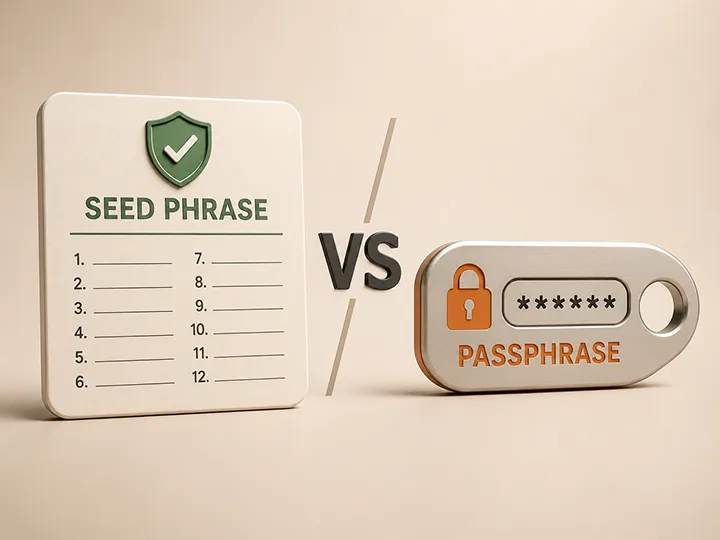 Passphrase versus seed phrase thumbnail showing separate recovery layers and self-lockout risk.