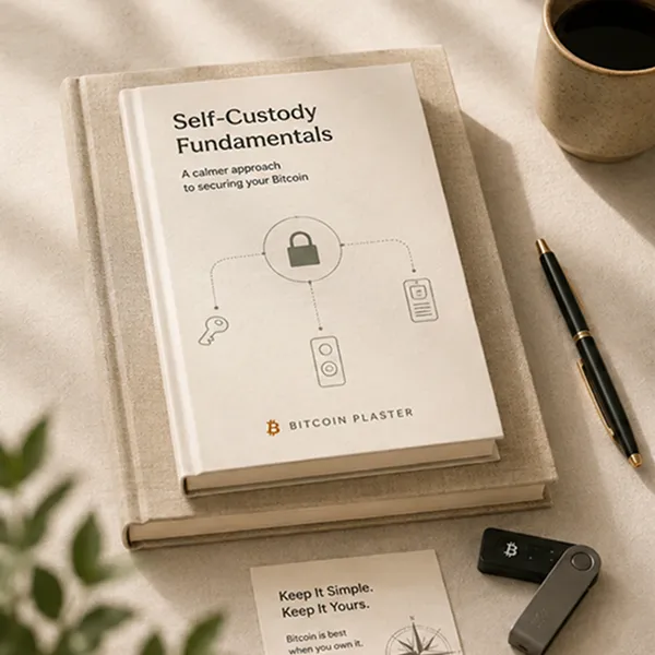 A self-custody fundamentals guide, notebook, pen, hardware wallet, and coffee on a calm desk.