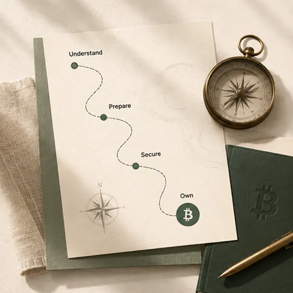 A calm Bitcoin self-custody path map with compass, notebook, and pen on a warm desk.