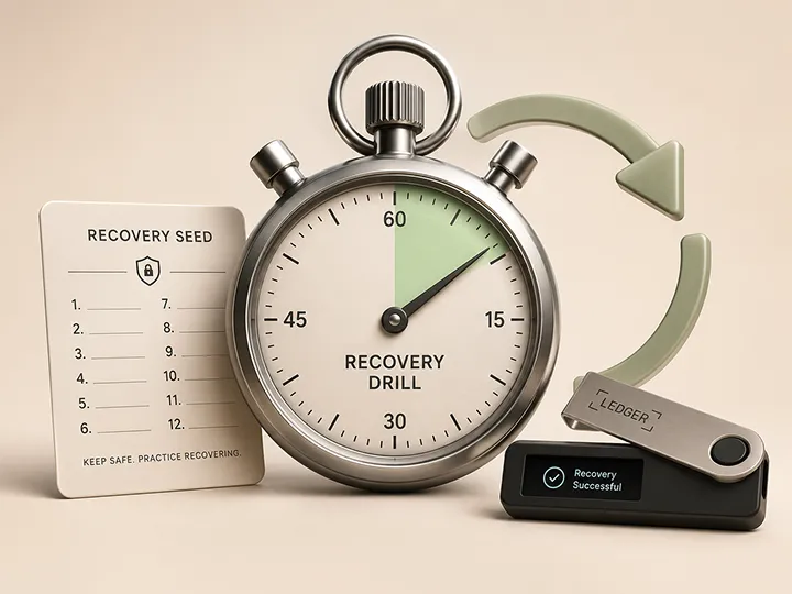 Bitcoin recovery drill thumbnail showing controlled wallet recovery practice and backup validation.