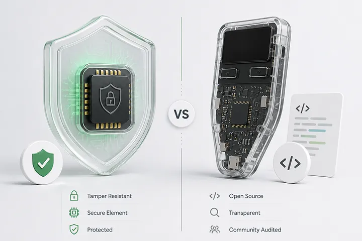 Illustration comparing secure element and open-source hardware wallet designs.