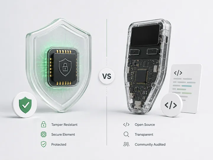 Illustration comparing secure element and open-source hardware wallet designs.